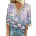 thumbnail image 2 of qelini Womens 3/4 Sleeve Tops T Shirts V Neck Beach T Blouse Ladies Lace Flowers and Plants Printed Pullover Loose Casual Fashion Breathable Purple L, 2 of 5