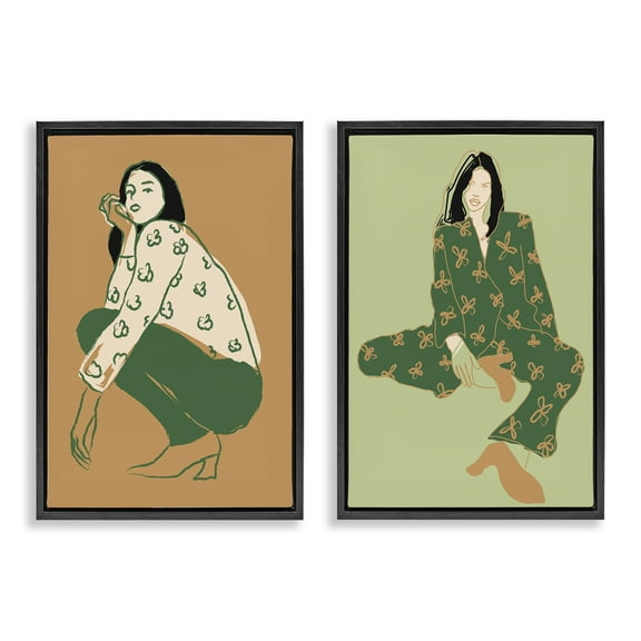 Stupell Industries Woman Stooping Sitting Pose People Painting Black Floater Framed Canvas Art Print Wall Art, 17 x 25, Set of 2