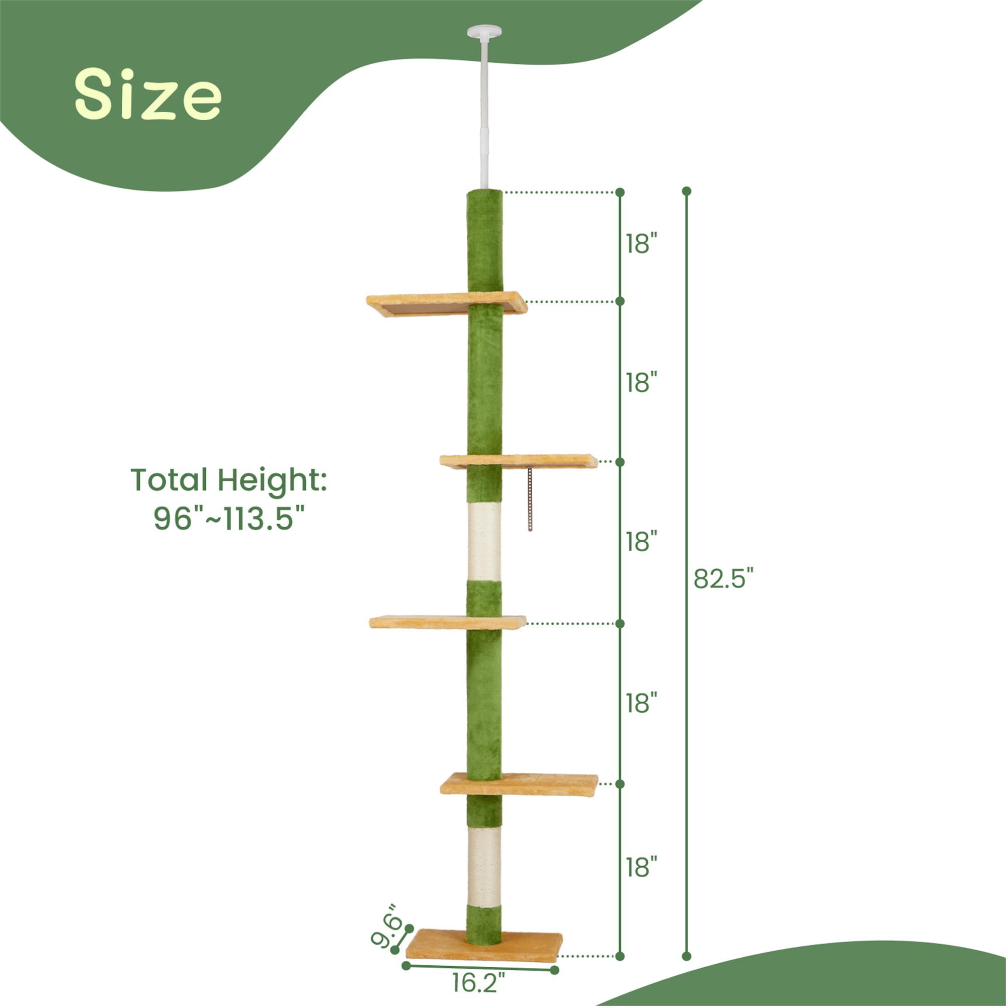 Kadyn Cat Tree, Cactus Floor to Ceiling Cat Tower with Adjustable Height (90"-106"), 5 Level Cat Climbing Tower with Cozy Platforms and Dangling Balls for Indoor Cats, Green