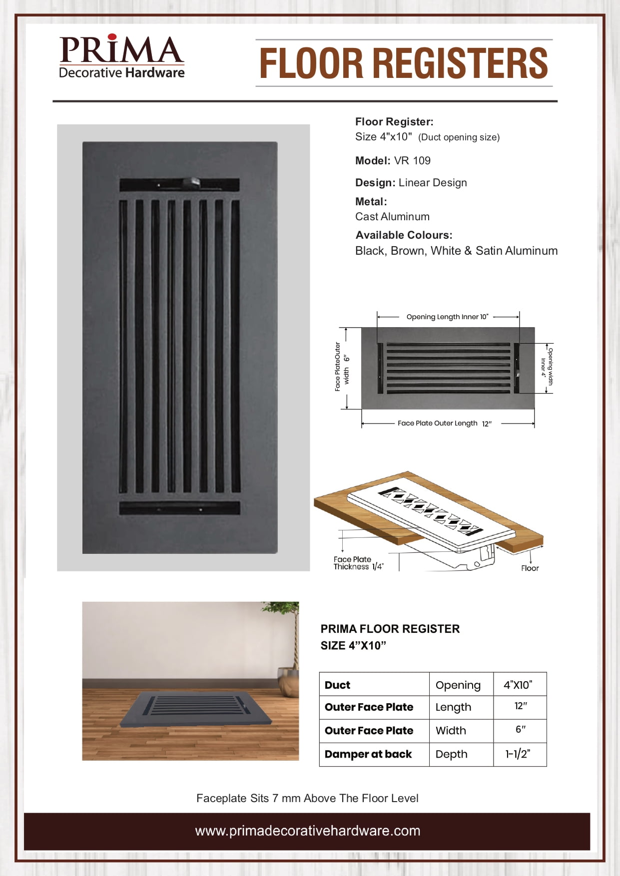 Prima Decorative Black 4" x 10" Cast Aluminum Rust  Floor Register Vent Cover for Floors, Walls & Ceiling
