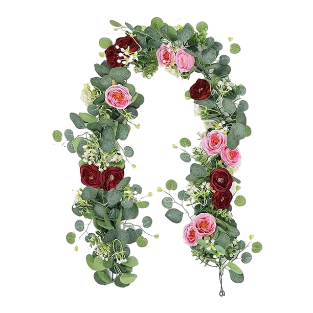 Guirnalda de flores artificiales de eucalipto con rosas, guirnalda de flores artificiales, enredadera de rosas falsas para centro de mesa, camino de mesa, decoración de fondo de pared