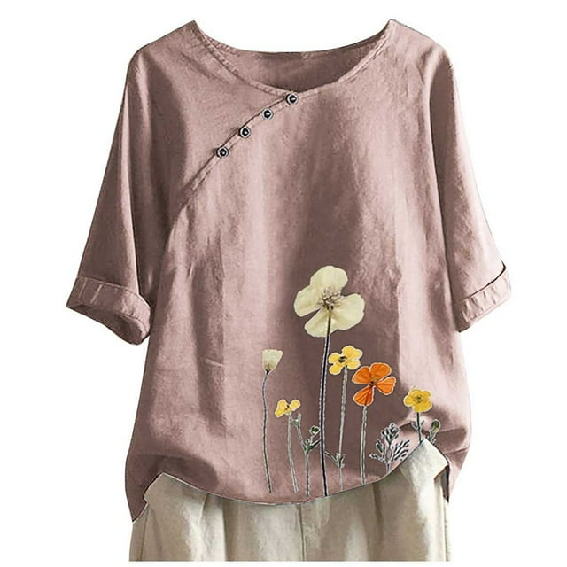Tiweut Hauts Décontractés pour Femmes Manches Courtes Mi-Longues Col Rond Tunique Imprimé Floral Coupe Ample T-Shirts pour Femme Rose