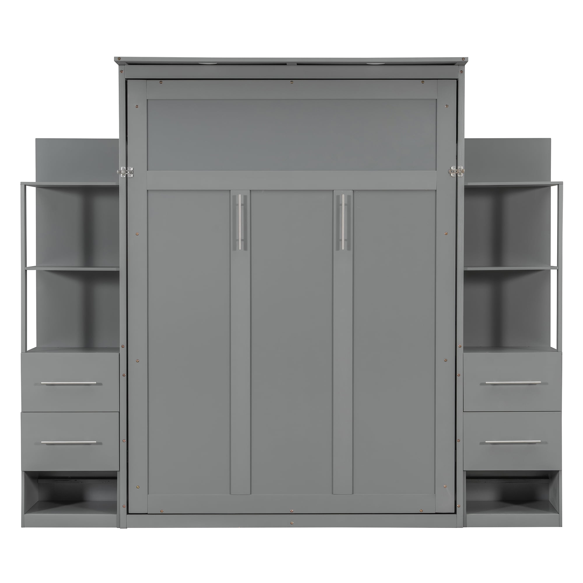 Full Size Murphy Bed with Shelves, 4 Drawers and LED Lights for Space-Saving Guest Room