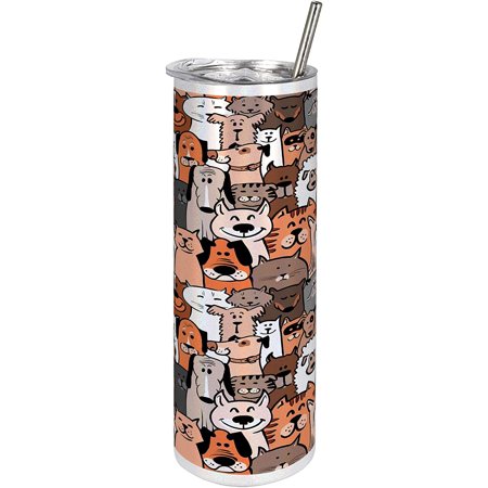 

Athenstics Animals 20 Oz Skinny Tumbler Pattern of Pet Cats and Dogs Doodle Style Art Cartoon Style Retro Domestic Animals Leak-Proof Straw Lid and Brush Vacuum Insulated for Outdoor Use Brown Grey