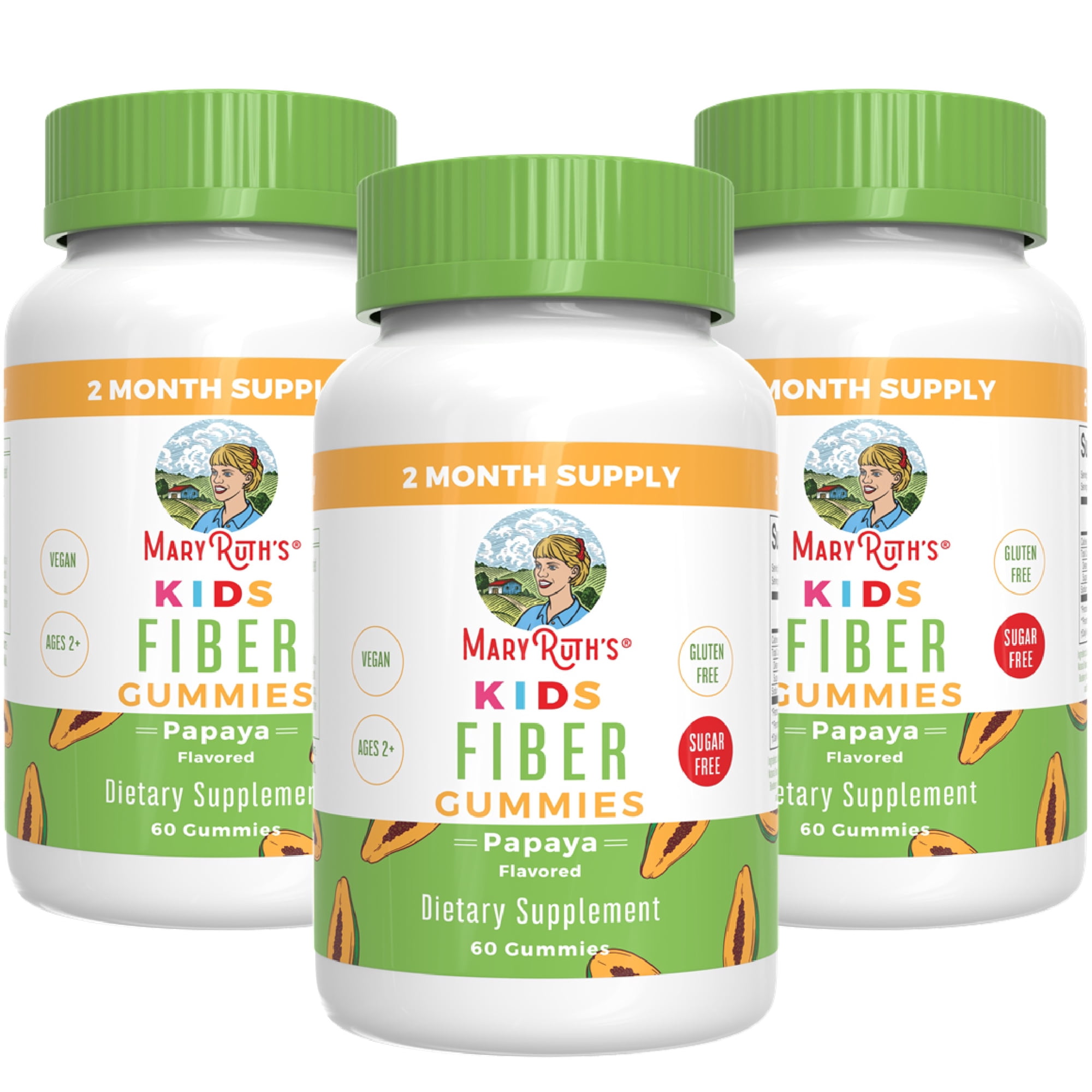 (3 pack) MaryRuth's Fiber Gummies for Kids Papaya Flavor Vegan Digestive Health Gluten-Free 60 Count