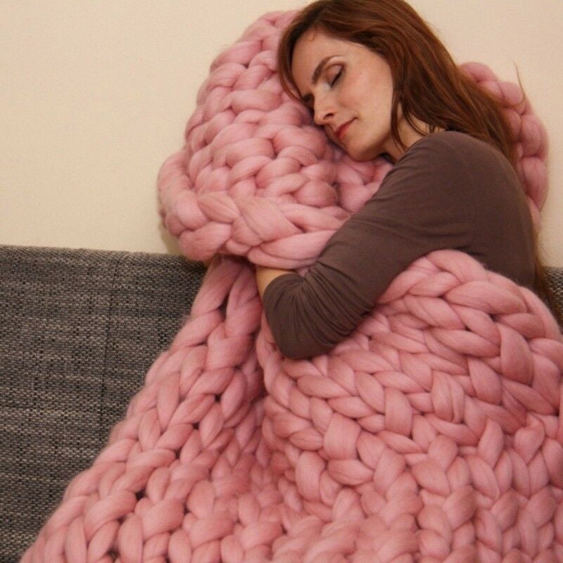 Soft Warm Hand Chunky Knitted Merino Wool Blanket Sofa Thick Yarn Bulky Throw US 