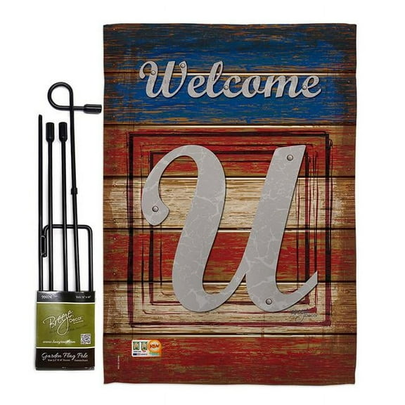 Breeze Decor BD-PA-GS-130125-IP-BO-D-US14-BD 13 x 18.5 in. Patriotic U Initial Americana Impressions Decorative Vertical Double Sided Garden Flag Set with Banner Pole