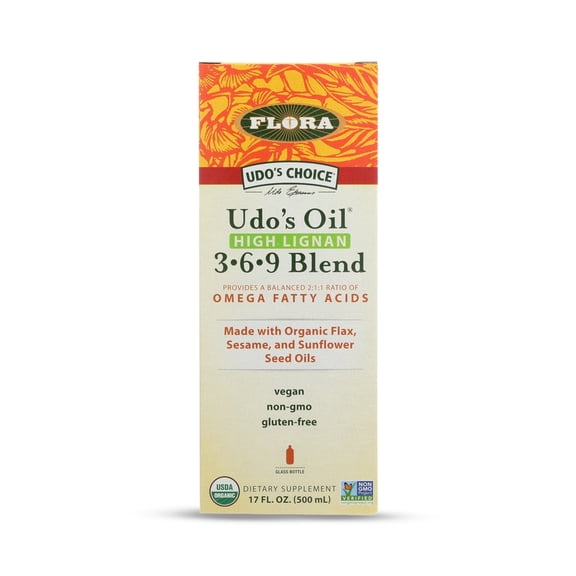 Flora - Udo's Choice High-Lignan 369 Omega Oil Blend, Udo's Oil Balanced 2:1:1 Ratio of Omega Fatty Acids, Made with Organic Flax, Sesame & Sunflower Seed Oils, 17-Fl Oz. Glass Bottle