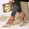 thumbnail image 3 of Women's Pointed Toe Kitten Heels Satin Bridal Pumps Sandals Bow Ankle Strap Pearls Stilettos Wedding Sexy Prom Party Dress Shoes Gold Size 7.5, 3 of 6