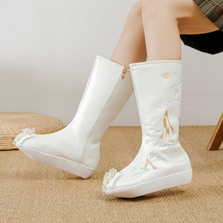 

eczipvz Womens Shoes Boots for Women Women Shoes Fashion Boots Inner High Heel Old Cloth Shoes National Style Bare Thigh High Wide Calf Boots for Women White-8