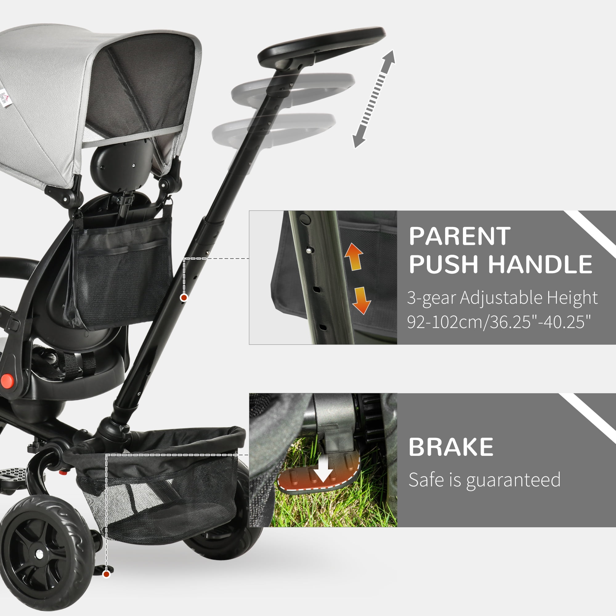 Qaba 4 in 1 Grey Push Stroller Tricycle with Adjustable Seat 370 198GY