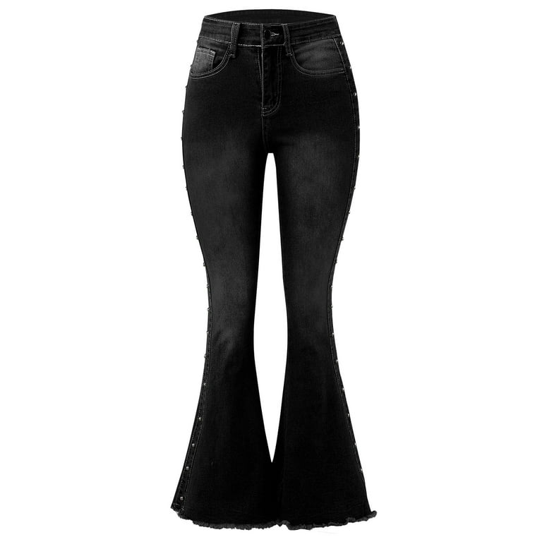 vbnergoie Women's Classic Flared Trousers High-waisted Skinny  Button-decorated Long Jeans Express Jeans for Women Womens on Black Pants 