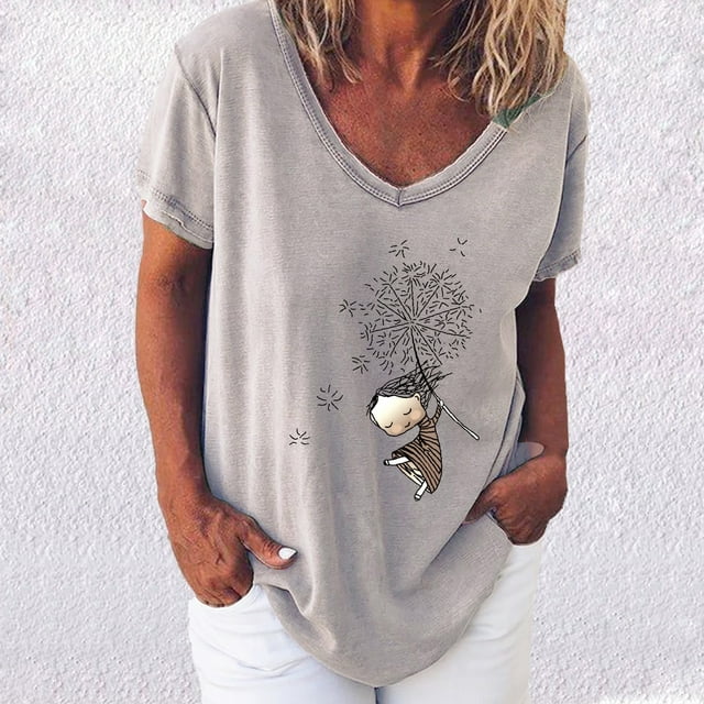 CEHVOM Mode Femmes T-Shirt Imprimé à Col en V Manches Courtes T-Shirt Décontracté Hauts Blouse