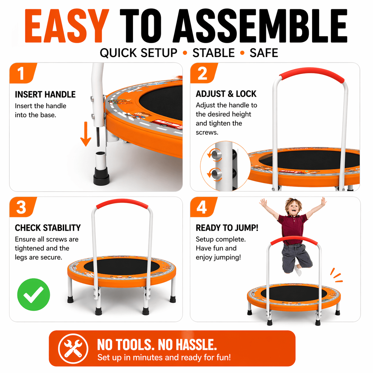 Witaxima 36" Mini Trampoline with Handle for Kids Ages 1-6, 150 lbs Max Capacity, No-Gap Safety Design with Upgraded Anti-Rollover Handle, Indoor Outdoor Bungee Toddler Trampoline, Fun Print, Orange