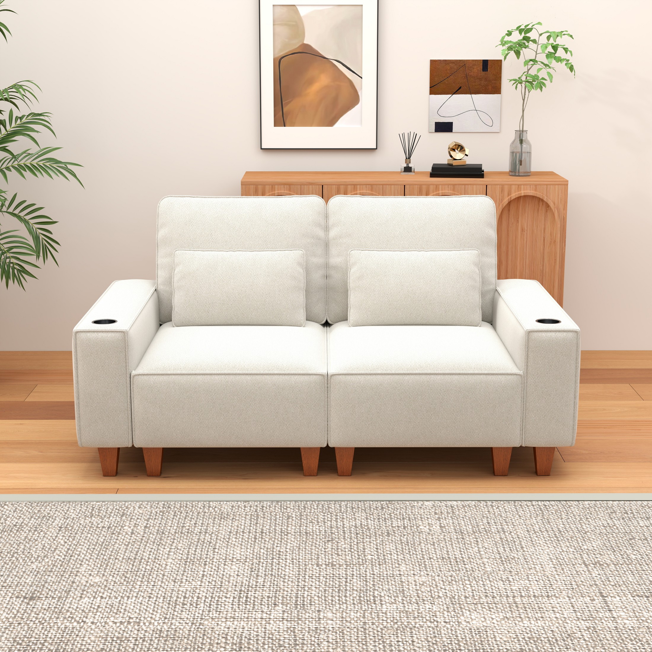 BSHTI Chenille Deep Seat 2-Seater Sofa with Brushed Stainless Steel Cup Holders and 2 Decorative Pillows – Modern Cozy Loveseat for Living Room