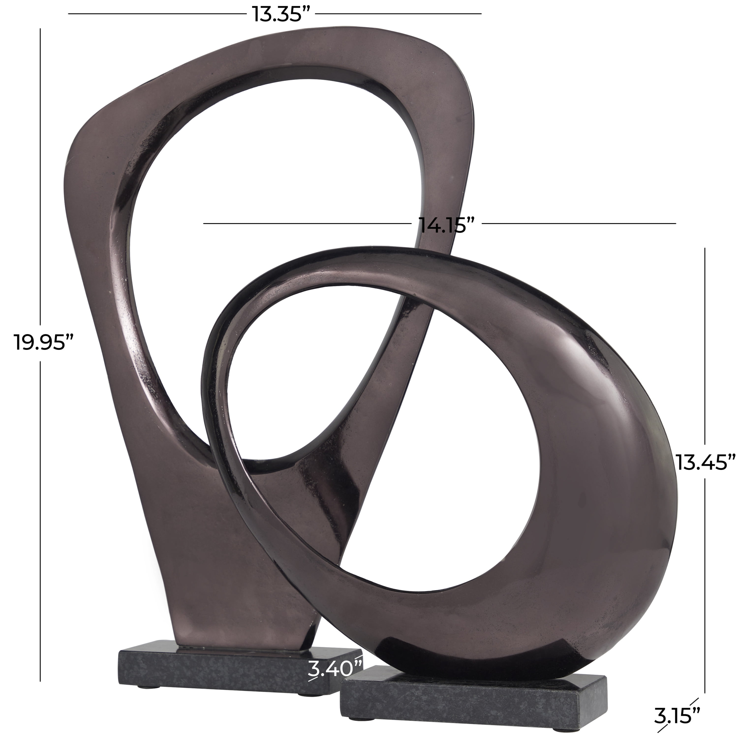 20", 13"H Dark Gray Aluminum Abstract Sculpture with Marble Base, by DecMode (2 Count)