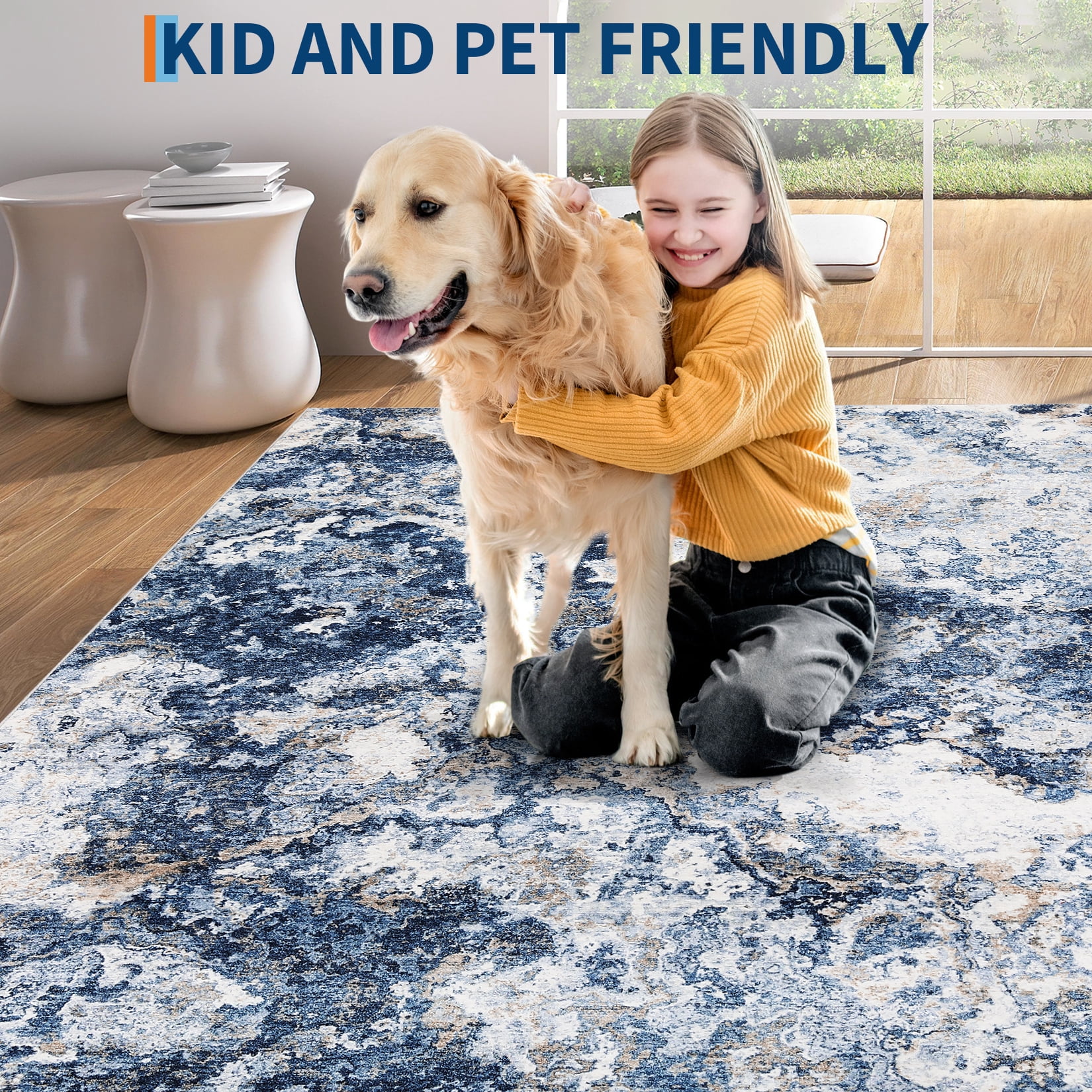 Garvee Modern Abstract Area Rugs for Living Room, 9'x12' Soft Large Washable Rugs Print Pattern Non Slip Floor Carpet, Low Pile Indoor Rug for Bedroom Dining Room, Blue