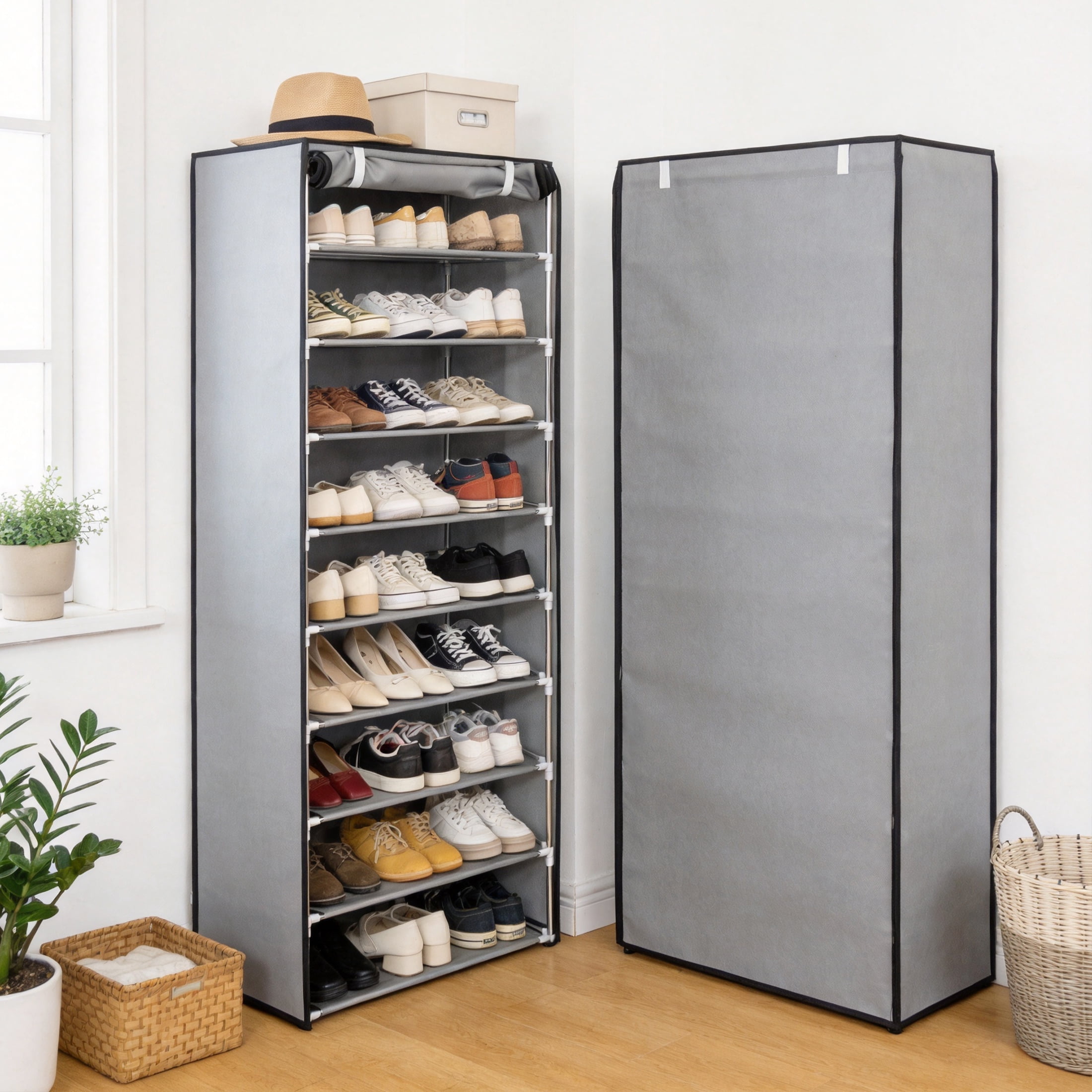 10 Tier Shoe Rack with Dustproof Cover, Tall Shoe Storage Organizer for 27 Pairs, Removable Shelves, Space-Saving Shoe Cabinet for Entryway Bedroom Closet, Grey