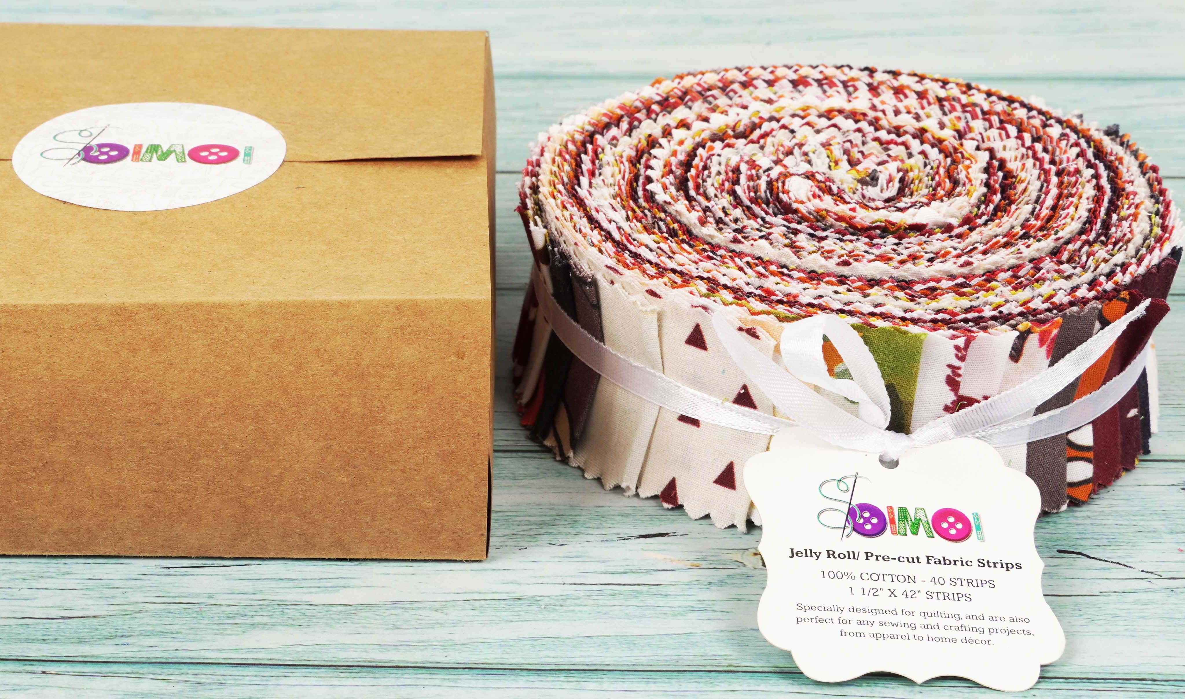 Soimoi 40Pcs Autumn Fall Theme Print Precut Fabrics Strips Roll Up 1.5x42inches Cotton Jelly Rolls For Quilting - Multicolor
