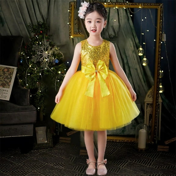 Toddler Girls Dresses Long Sleeve Sequin Tulle Dress for Girls Fashion Casual Formal Princess Party Tutu Dress Yellow 9-10 Years