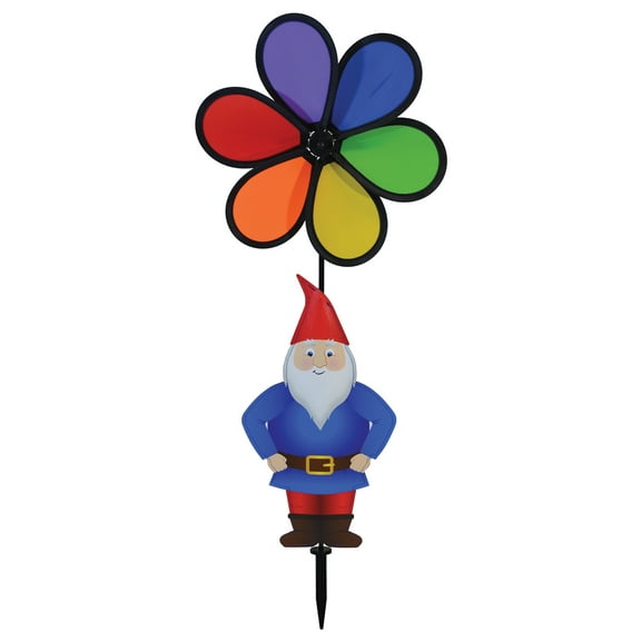In the Breeze 2697 — Gnome with 10-inch Rainbow Flower Spinner — Wind Spinner for your Yard or Garden