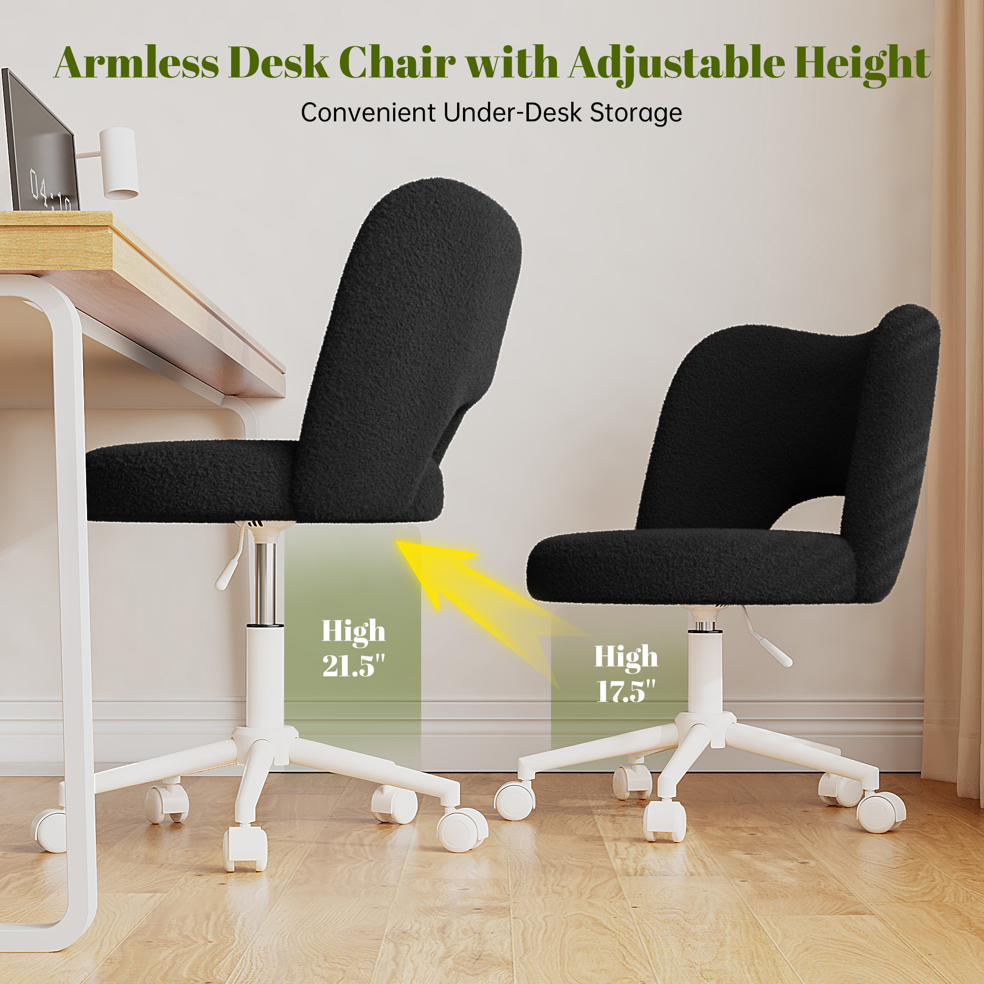 Romorgniz Adjustable Vanity Chair with Backrest Teddy Velvet Swivel Desk Chair with Wheels, Space-Saving Makeup Computer Chair, Black