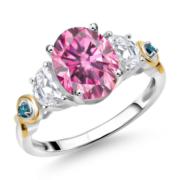 Gem Stone King 925 Silver and 10K Yellow Gold 3-Stone Ring Oval Pink and White Moissanite (2.51 Cttw, Size 5)