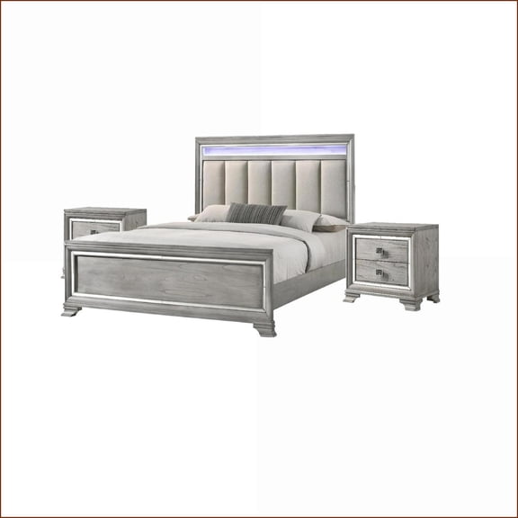 Bedroom Furniture Set, Modern King Size 3pc Bed Set with LED Tufted Headboard, 2 Nightstands, Light Gray | Solid Wood | Light Gray