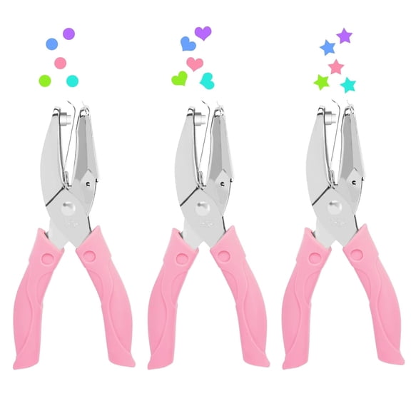 3 Pcs Metal Handheld Hole Punch, Single Hole Paper Punchers with Pink Soft Thick Silicone Cover, Handhold Hole Paper Punch for DIY Tags, Ticket, Scrapbook (Round Heart Star)