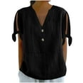 thumbnail image 2 of Aobny Womens Tops Linen Cotton Black T-shirts Short Sleeve Cold Shoulder V-Neck Summer Tops for Women,S, 2 of 6