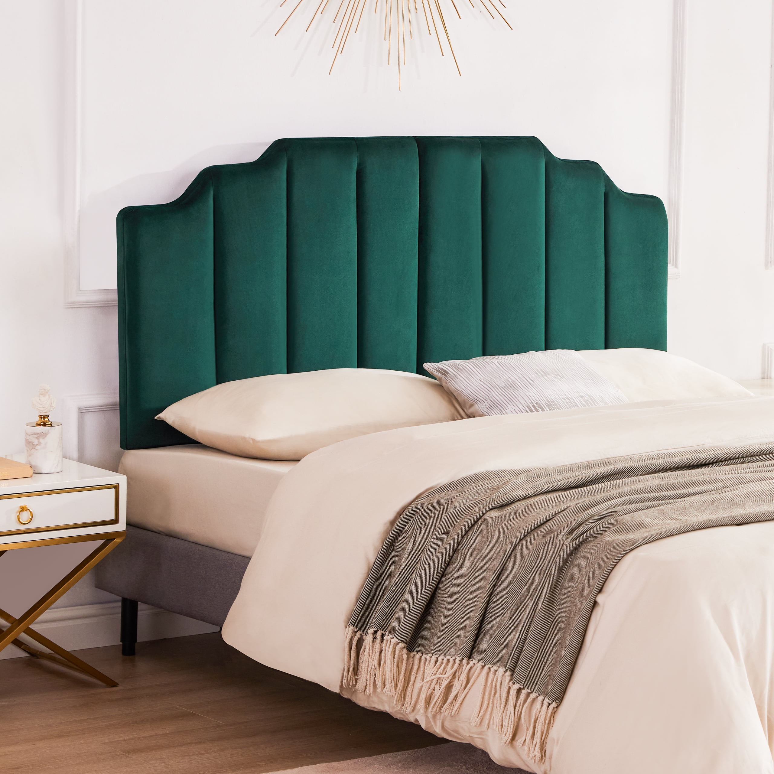 Weture Tufted Velvet Upholstered Sleigh Headboard, Queen, Dark Green