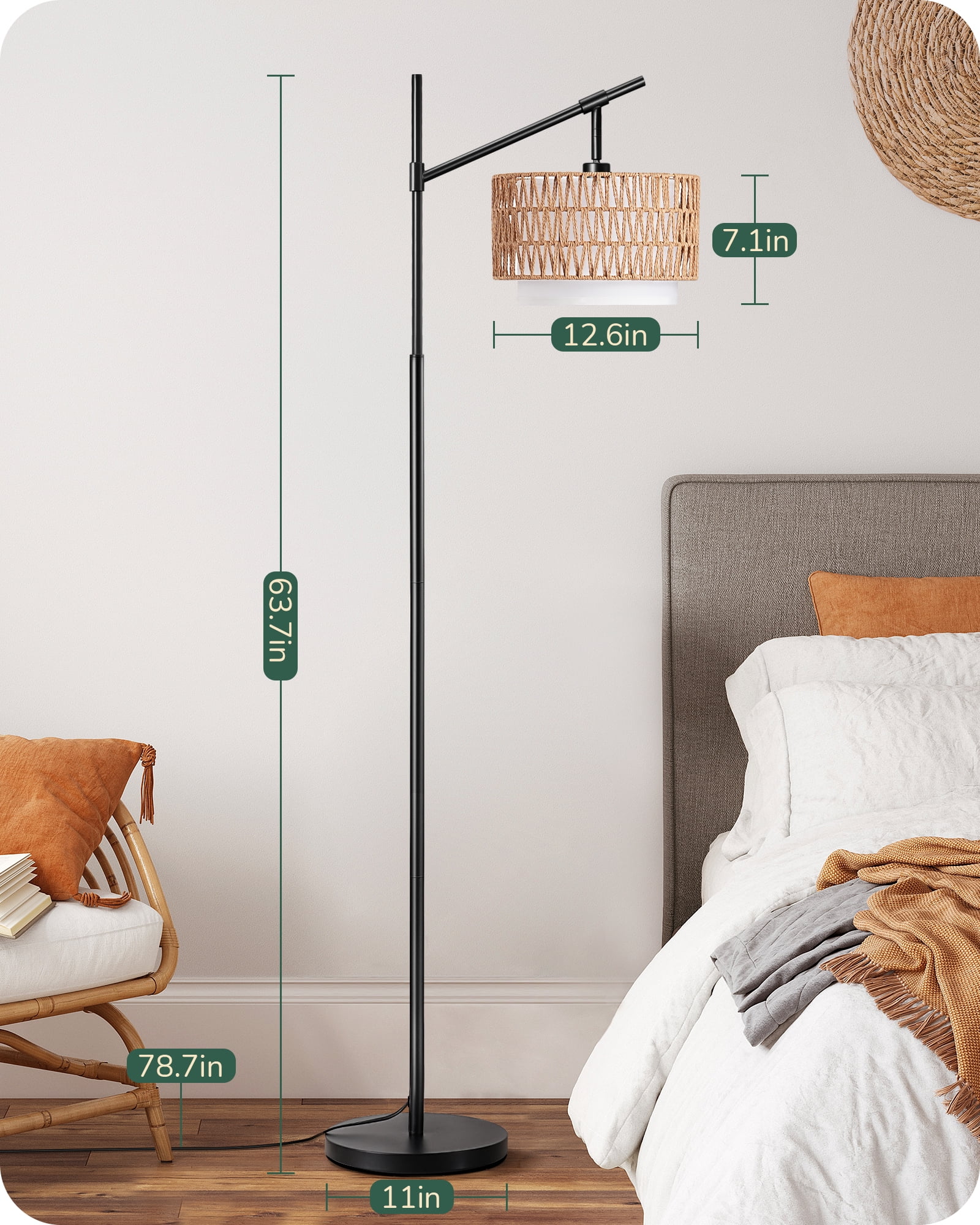 EDISHINE 63.78" Rattan Floor Lamps with Remote for Living Room, Black Standing Lamp with Double Drum Shade, Boho Farmhouse Tall Lamp for Bedroom, With LED Light Bulb