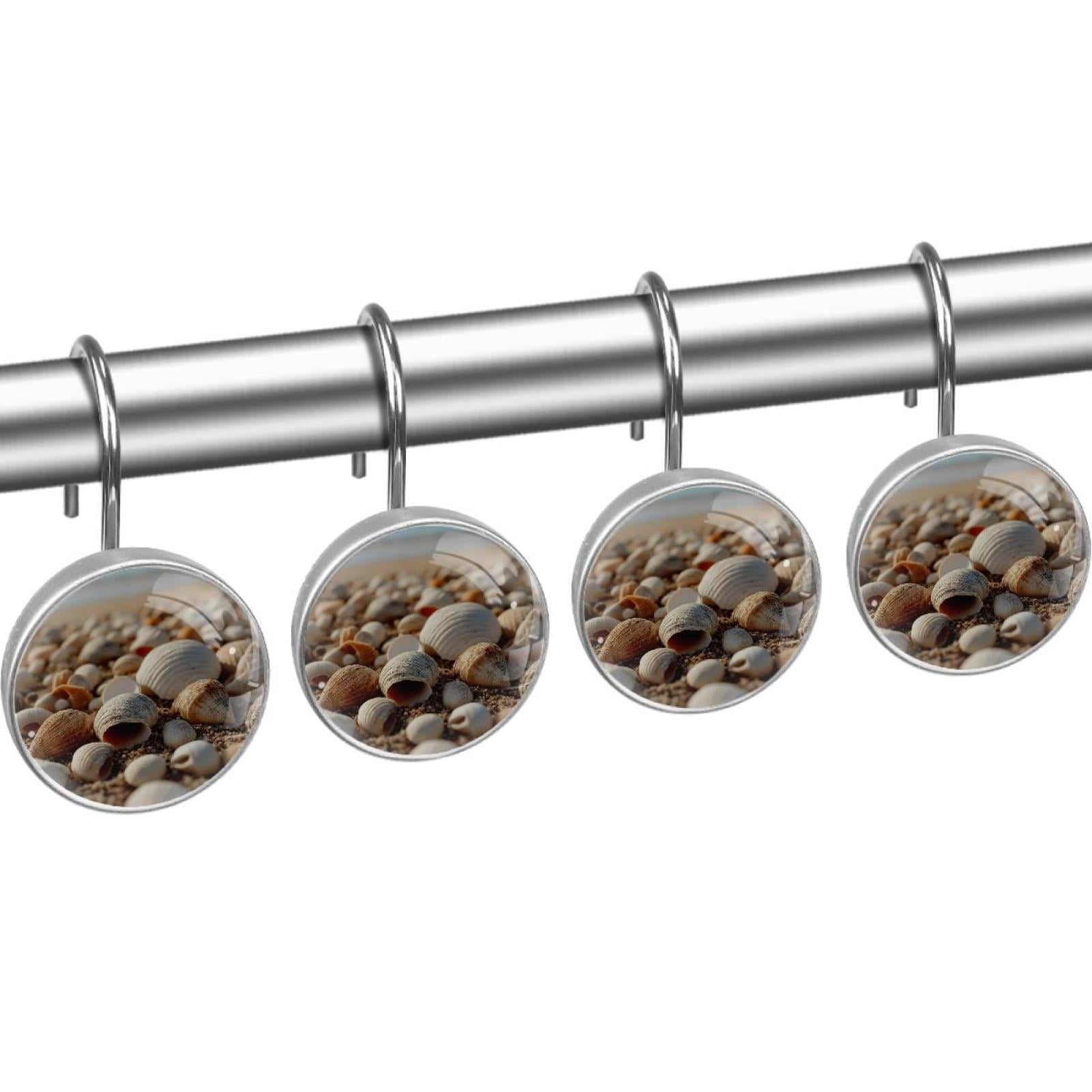 Shells Shower Curtain Hooks Round Crystal Glass, Set of 12 Shower Curtain Rings - Shower Hooks for Curtain Shower Rings