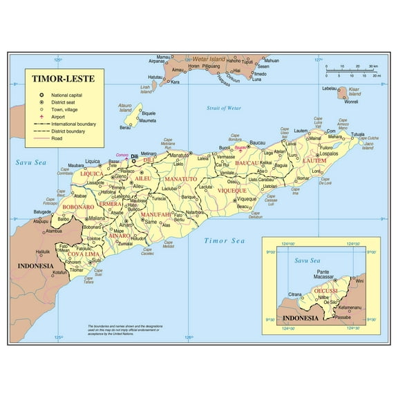 Palmetto Posters 24x31 Laminated Poster: Large detailed political and administrative map of east timor with roads cities and airports
