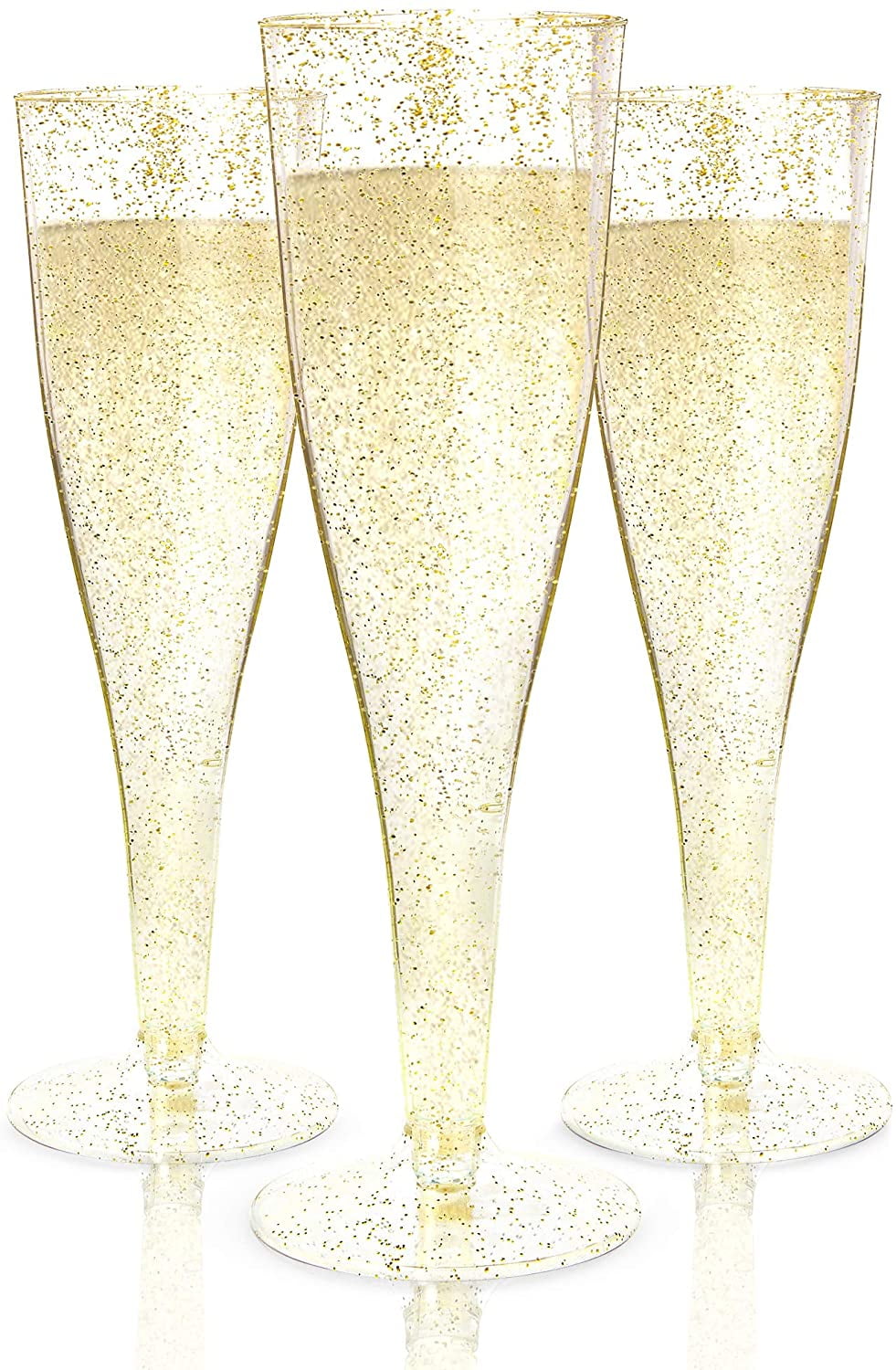 100 Plastic Champagne Flutes Disposable Gold Glitter Plastic