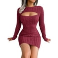 thumbnail image 5 of hirigin Female Knitted Dress, Solid Color Round Neck Long Sleeve Hollow Out Twisted One-Piece for Fall Winter, S/M/L, 5 of 8