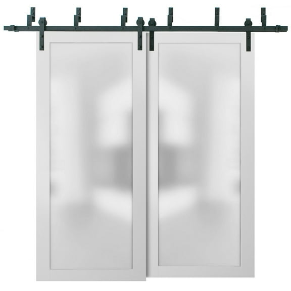 Sliding Closet Frosted Glass Barn Bypass Doors with Hardware | Planum 2102 White Silk | Sturdy 6.6ft Rails Hardware Set | Modern Wood Solid Bedroom Wardrobe Doors -36" x 96" (2* 18x96)-Frosted Glass