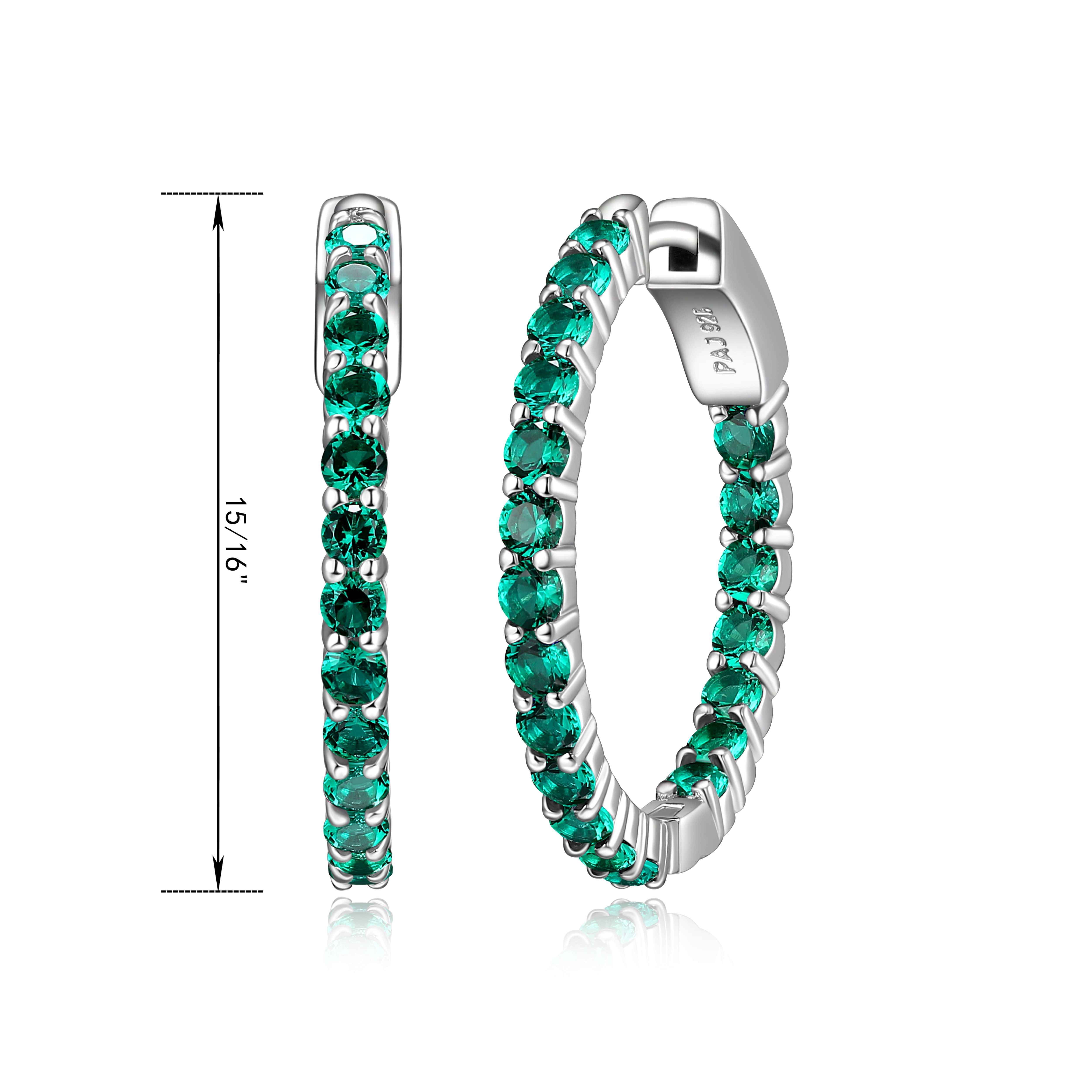Forever Facets Jewelry Platinum over Sterling Silver Created Emerald Hoop Earrings with Black Velvet Pouch and Box