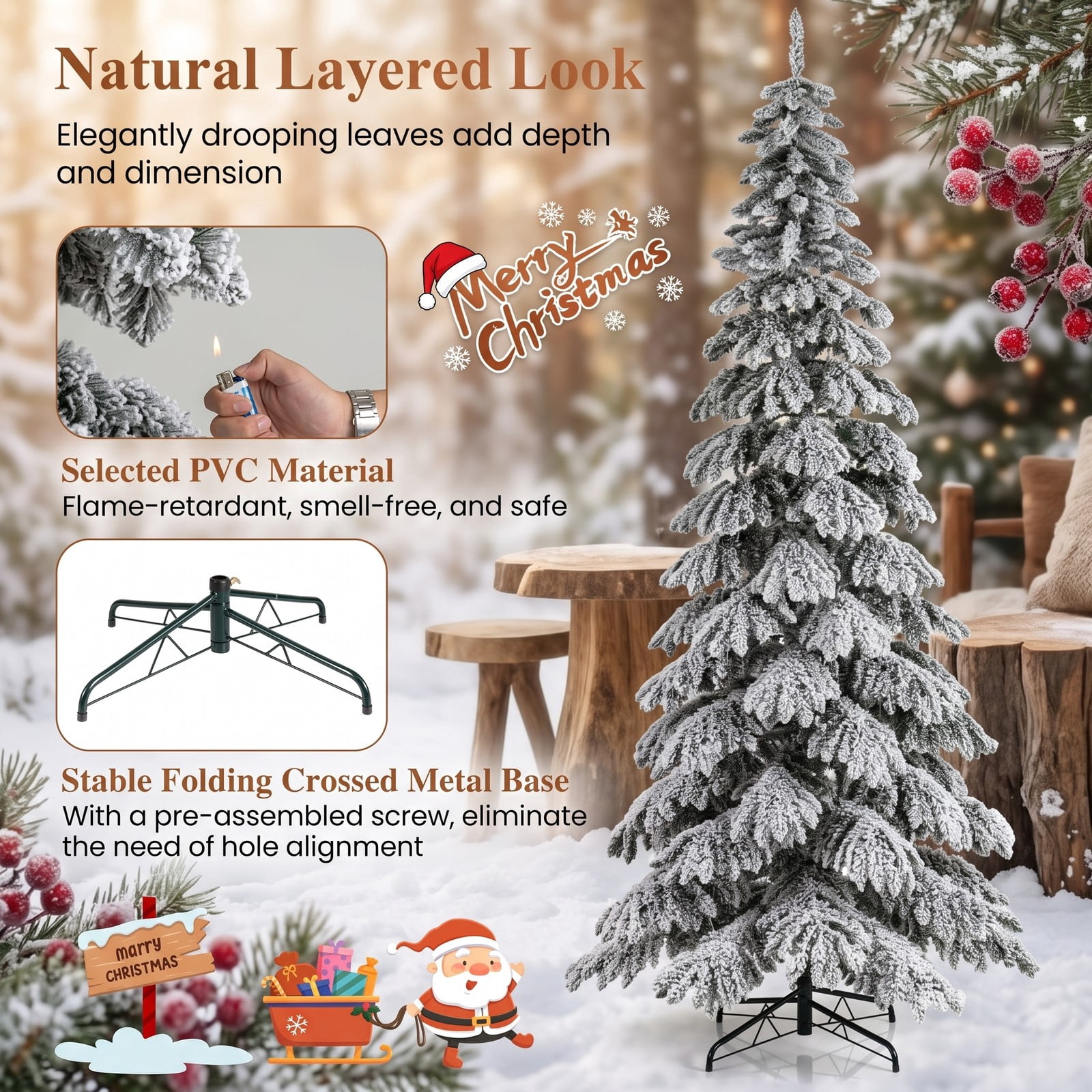 RUIE 9 FT Pre-Lit Artificial Christmas Tree, Snow Flocked Hinged Xmas Tree with 500 Warm White LED Lights, Quick Power Connectors and Foot Pedal Switch, Metal, White