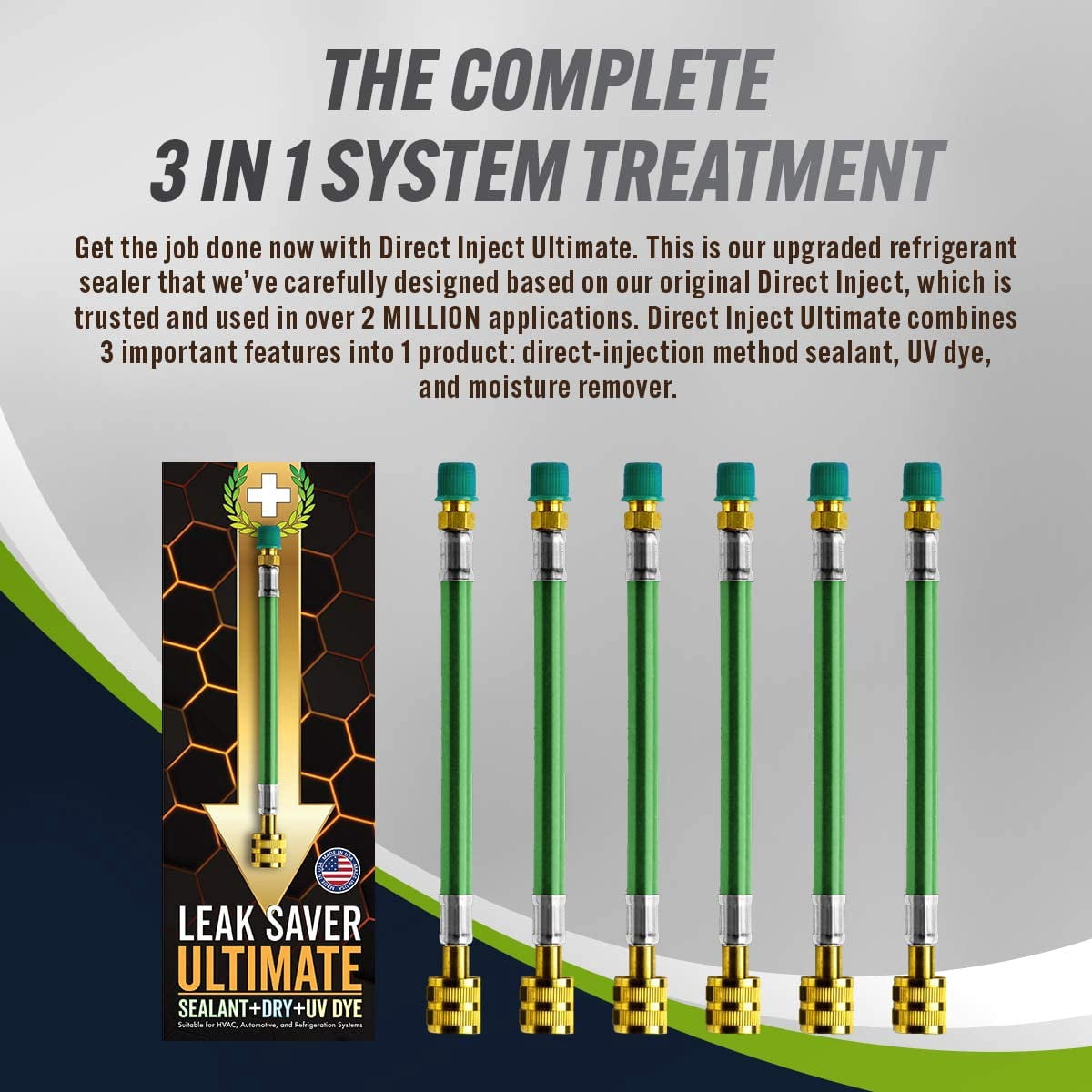 Leak Saver Direct Inject Ultimate 3-in-1 Leak Sealant with Moisture Remover and UV Dye for AC, Refrigeration, and Automotive Systems up to 5 Tons - Compatible With All Refrigerants - Made in USA - 3ct