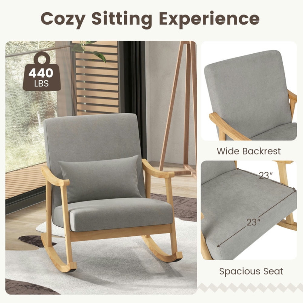 Finihen Rocking Chair, Modern Upholstered Accent Chair, Nursery Rocking Accent Chair with Rubber Wood Armrests, for Living Room, Bedroom, Gray