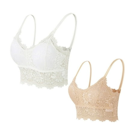 Audhol Lace Bralettes for Women Women Plus Size Vest Crop Wire Bra Lace Bralette V Neck Underwear Racer Back Bra for Women S 3XL Pack of 2 Lace Bralette Green M