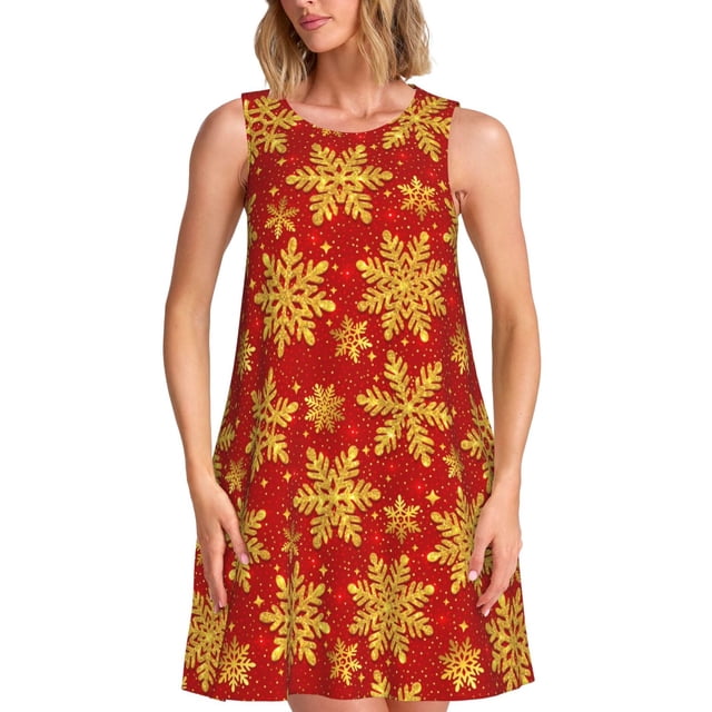 Xecao Robes de Noël avec Flocons de Neige Dorés pour Femmes Robes d'Été Décontractées Robes de Plage Sans Manches T-Shirt Robe Évasée avec Poches