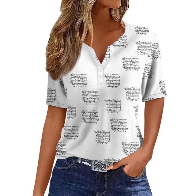 Camiseta de mujer Camiseta Estampado Botón Manga corta Diario Fin de semana Moda Básico Cuello en V Regular Top Multicolor/S