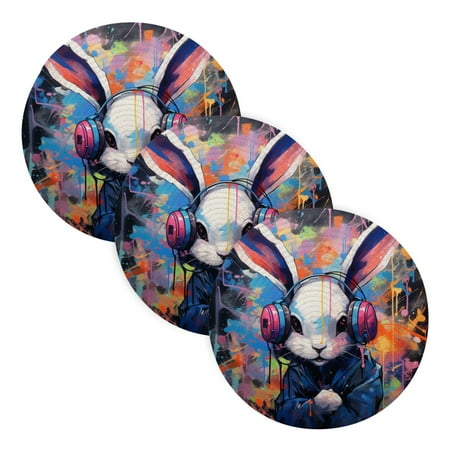 

Bunny Listening Music Trivet Mats Round Pot Holders Hot Pads Set of 3 Heat Resistant Mats for Kitchen
