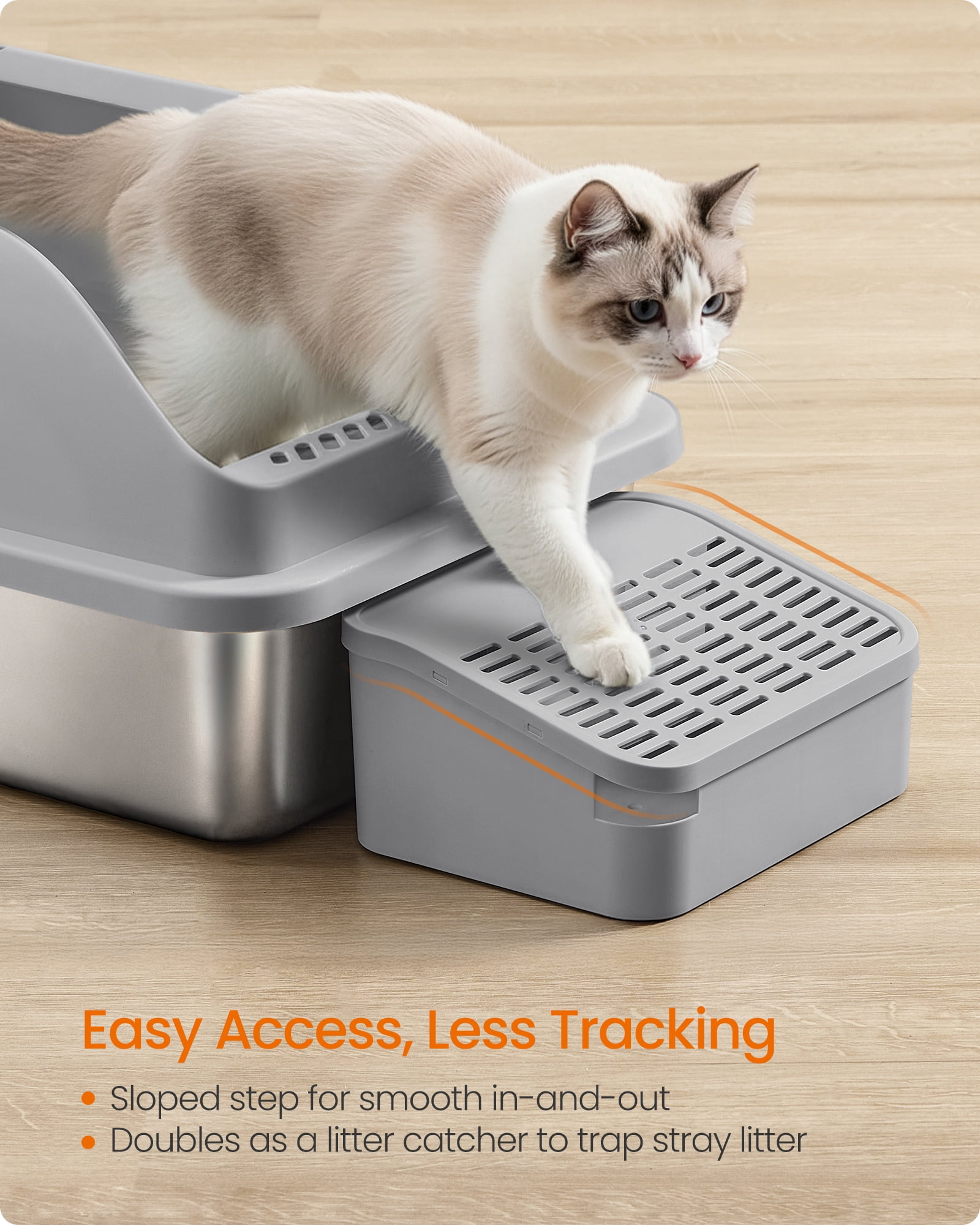 Stainless Steel Cat Litter Box, High-Sided Open Top Litter Tray with Step & Scoop, for Cats up to 33 lb, Slate Gray