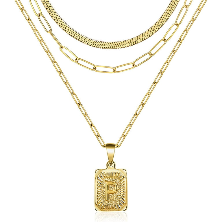 Layered Initial Necklaces for Women 18K Gold Plated Paperclip