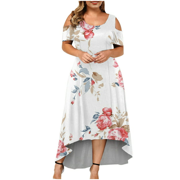 TopLLC Women's Summer Dresses Plus Size Short Sleeve Floral Maxi Dresses Cold Shoulder Party Dress with Pockets Formal Dress Women