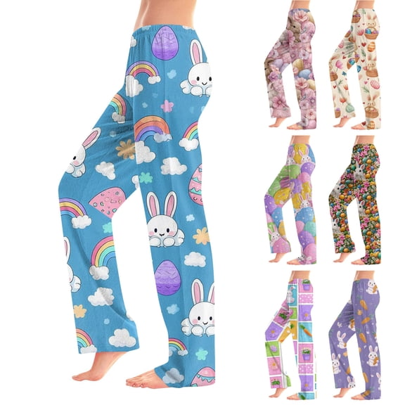 Hearthz Easter Pj Bottoms Pants Bunny Egg Hunt Print Women Pajama Bottoms Drawstring Straight Leg Woman Lounge Pants