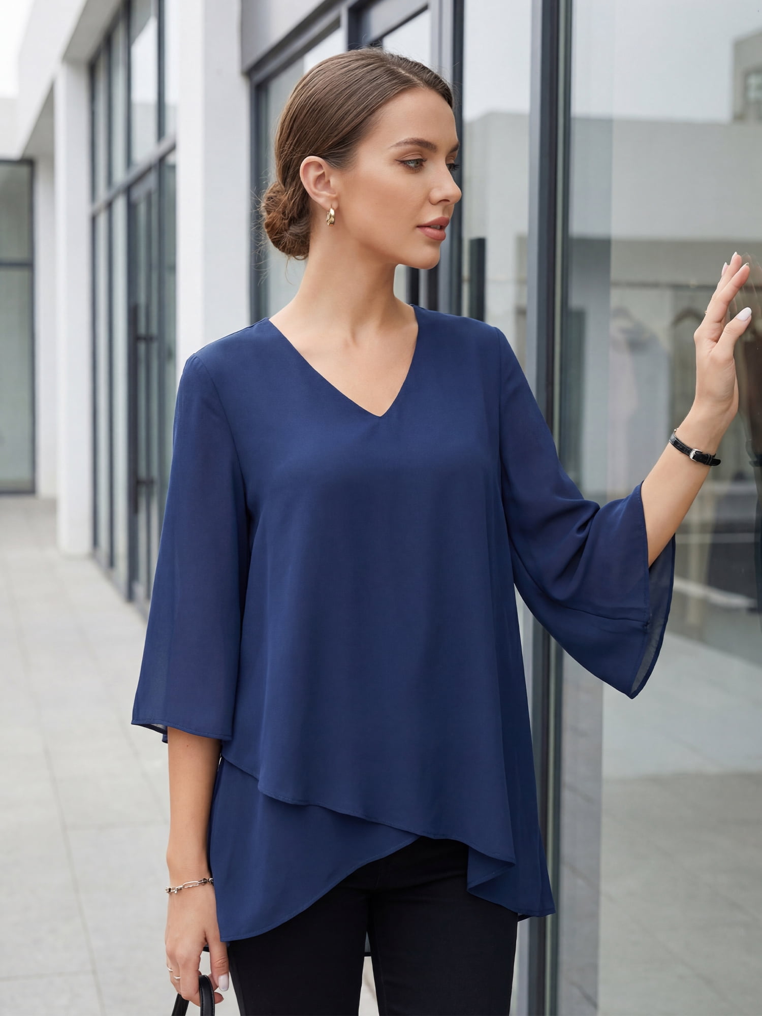 DARING DIVA Women's High Low Tops 3/4 Bell Sleeve V Neck Chiffon Blouse M Navy Blue